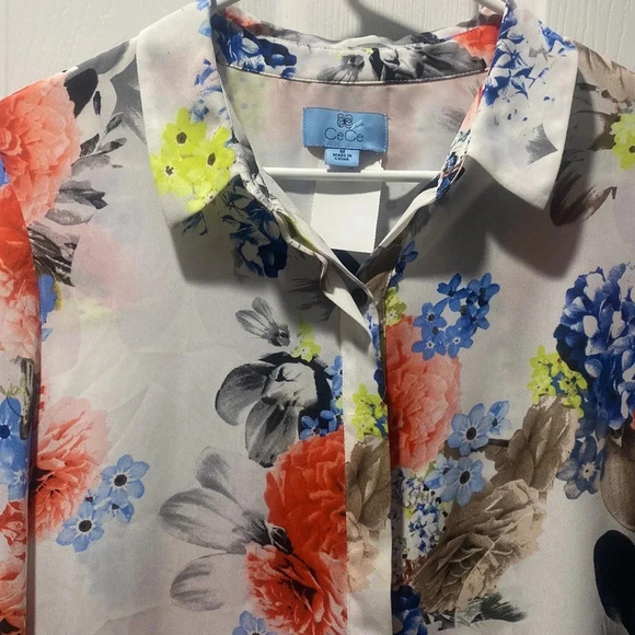 CECE PINK MULTI-COLOR FLORAL PRINT LONG SLEEVE BLOUSE, SIZE M - Picture 3 of 6